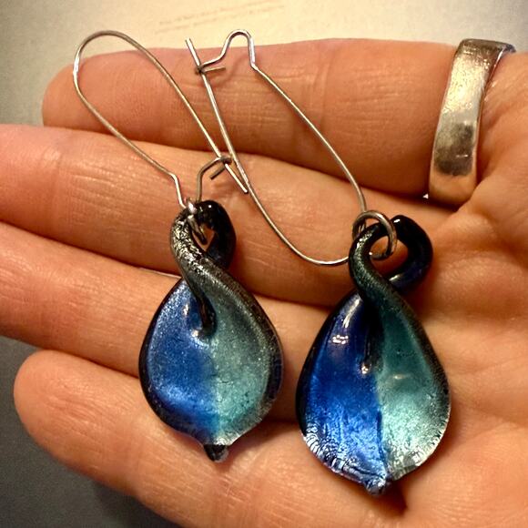 Artisan Handcrafted Blue Twist Glass Beaded Drop Earrings - Picture 5 of 7